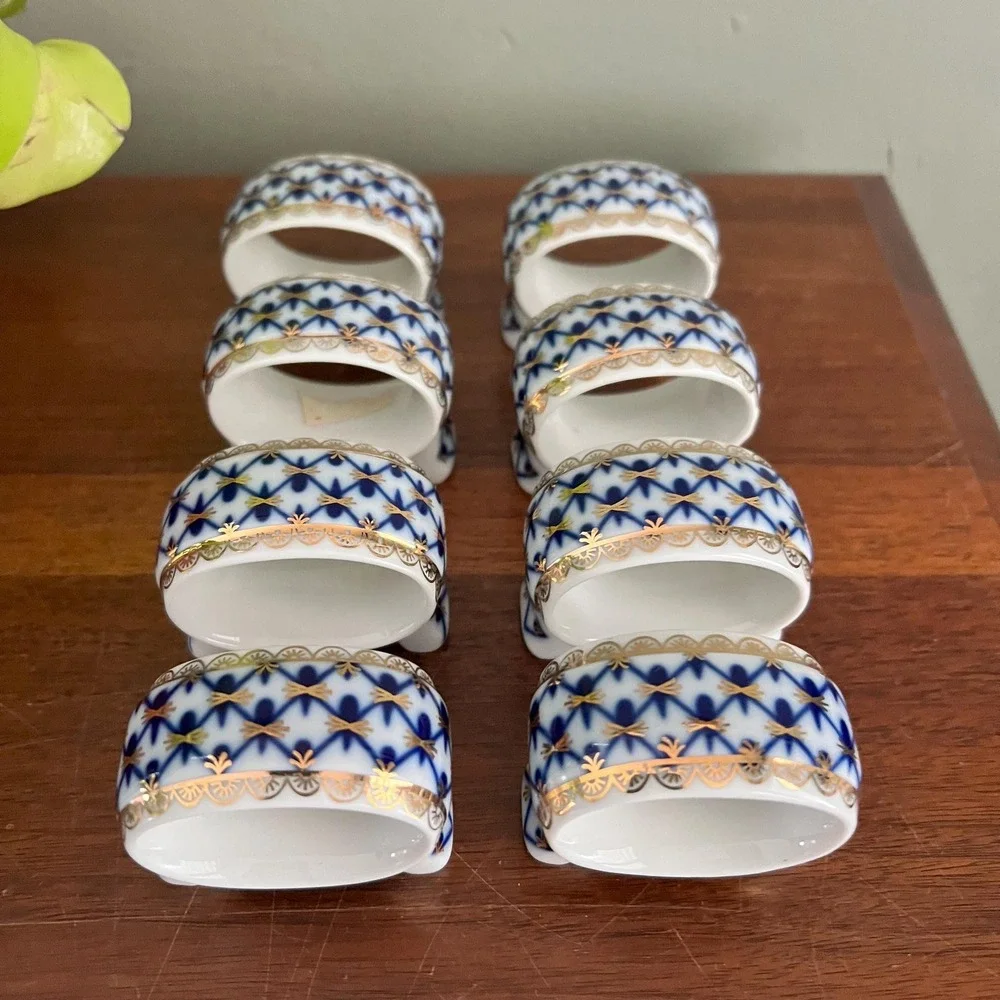 Vintage Lomonosov Russian Porcelain Napkin Rings Cobalt Net Set 8